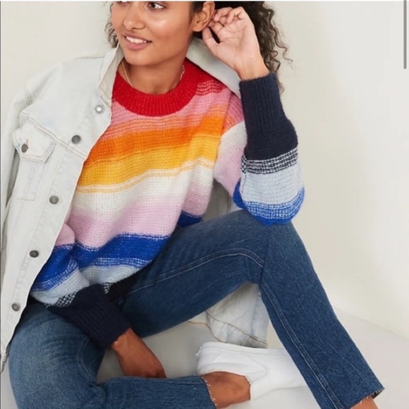 OLD NAVY RAINBOW 🌈 KNIT SWEATER ST Festive Striped Boxy Fit Pullover Oversized - Picture 4 of 11